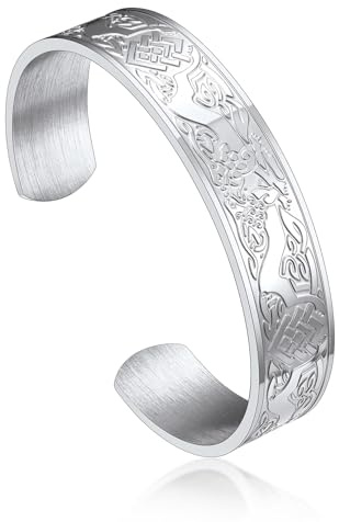 Bandmax Wikinger Armband Herren Offenes Armband Edelstahl Männer Armband mit Runen/Wolf/Lebensbaum/Mjölnir Armreif Armspange Manschettenarmband Accessoires Schmuck für Ehemann Freund