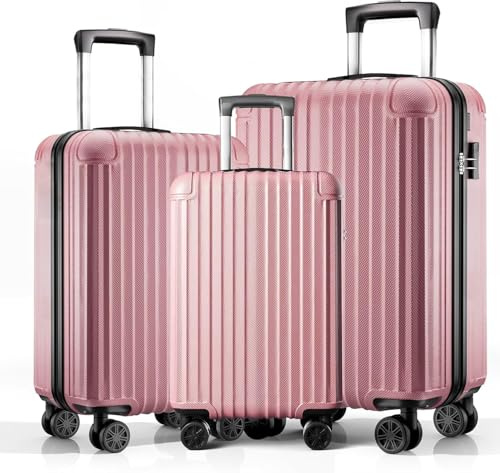 ABISTAB Koffer Set 3-teilig, Hartschalen Hartschalen Reisekoffer, Koffer & Trolleys mit 4 Rollen & Zahlenschloss, Handgepäck Koffer, Rosa