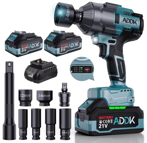 Clé à Chocs Sans Fil Brushless, 1600Nm Boulonneuse Electrique avec Deux 4.0Ah Batterie, 5 Douilles à Chocs, Boulonneuse à Chocs 1/2' Brushless, Boulonneuse a Choc Electrique 21V pour la Voiture et la