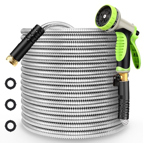 Metal Garden Hose 25FT Stainless Steel Heavy Duty Flexible Lightweight Water Hoses Pipe with 10-Function Spray Nozzle and 3/4 Solid Brass Fittings No Kink Durable for Outdoor Yard & Lawn