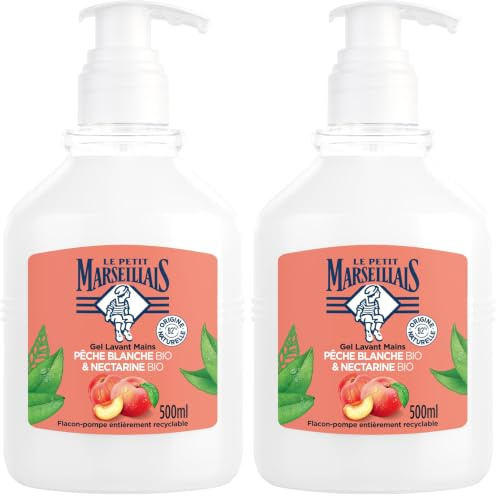 Le Petit Marseillais - Gel Lavant Mains Pêche Blanche BIO & Nectarine BIO (flacon-pompe de 500 ml) – Savon liquide avec 92% d'ingrédients d'origine naturelle – pH neutre pour la peau (Lot de 2)