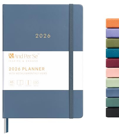 And Per Se 2026 Planner-Daily, Weekly & Monthly Leather Hardcover Planner, 5.7 x 8, Daily Schedule, 100 GSM Thick Paper, Back Pocket(Dark Blue)