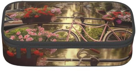 HEBSDFG Grande trousse à crayons avec imprimé fleurs et vélos - Joli compartiment - Organiseur de bureau - Pour l'école, le bureau, le maquillage, les voyages, Noir , Taille unique, Cartable