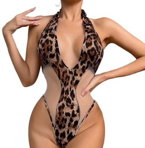 HOTSO Lingerie Sexy Mujer Conjunto de Lencería Halter Babydoll Leopardo Bodysuit Teddy con Cuello en V Ropa Cabestro Transparente Una Pieza Lingerie Atrevida Push Up Mangas Lateral Tirantes Colgantes