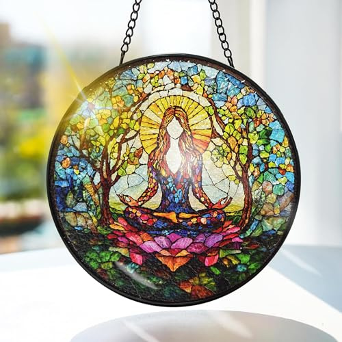 Bimkole Avkopplande kvinna målat glas solfångare fönster hängande – yogadesign för inomhus fönster- eller dörröppningsdekoration – 20 x 20 cm/7,87 x 7,87 tum med kedja och krok – unik