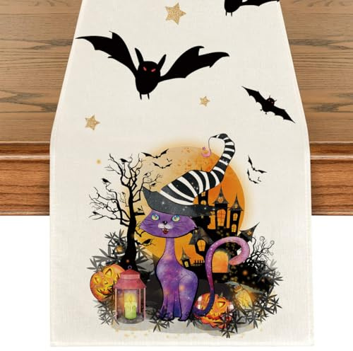 Runner da Tavola Halloween Gatto Lino Lavabile Tovaglia Runner Centrotavola Halloween Addobbi Autunnali per Sala da Pranzo Picnic Interni Vacanze Autunno Feste Cucina 40x240cm