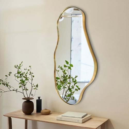 womilous Irregular Mirror, 30x20 Asymmetrical Mirror with Gold Metal Frame, Modern Funky Odd Shaped Mirrors, Abstract Wall Mirrors for Living Room Bathroom Bedroom Hallway Entryway Fireplace