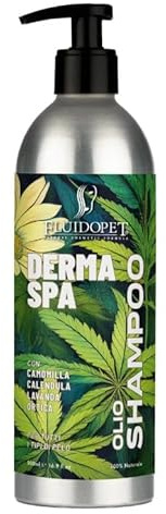 FluidoPet Derma Spa | Shampoo Lenitivo per Cani e Gatti – Pelle Sensibile e Cute Delicata – Effetto Calmante Naturale Con camomilla, calendula, lavanda, iperico e olio di canapa (500ml)