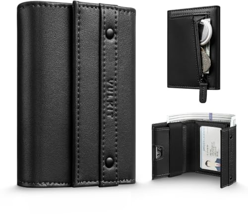 VULKIT Herrplånbok RFID-blockerande läder kompakt trippelvikt med myntficka med dragkedja, ID-fönster och visitkortshållare, Onyx svart, Minimalistisk