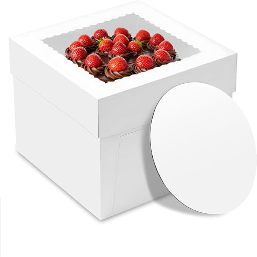 DEMOCRATIDO Tårtlåda, tårtkartong, hög 30 x 30 x 20 cm, tårtlåda, vit tårtlåda med fönster och 10 kakor, runda brädor, 1 rulle satinband för tårtor (10, vit, 30 x 30 x 20 cm)