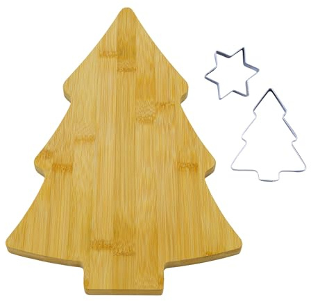 Zenker Set Tagliere in Bambù a Forma di Albero di Natale e 2 Tagliabiscotti in Acciaio Inox, Decorazioni Natalizie per Biscotti e Antipasti, Set cucina natalizia