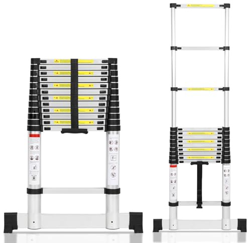 Cecaylie Escalera telescópica de aluminio de 5 m con estabilizador, escalera extensible, escalera de aluminio antideslizante, multiusos, extensible, 150 kg de carga