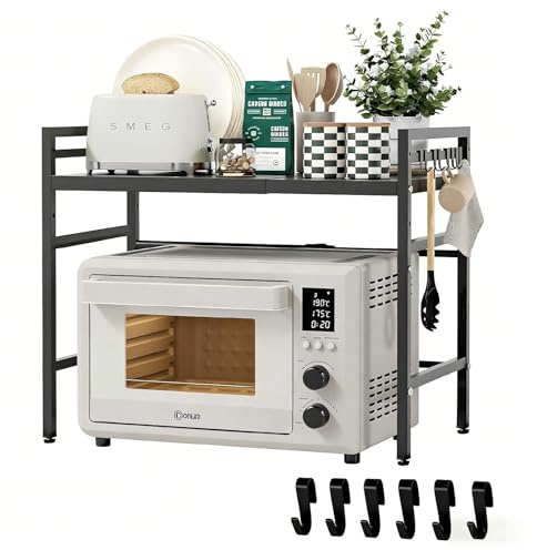 Soporte Microondas Ajustable 2 Niveles con 4 Ganchos, Mueble MicroOndes Estantería de Encimera Extensible, Estante Cocina vertical Organizador Hornos Negro para Tabla de Cortar, Barra, Utensilios