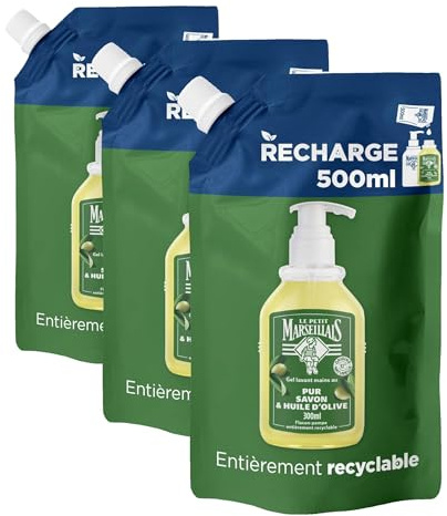 Le Petit Marseillais Recharge Gel Lavant Mains Pur Savon & Huile d'Olive (écopack de 500 ml) – Recharge savon liquide pour flacon-pompe – Savon mains enrichi en huile d'olive (Lot de 3)