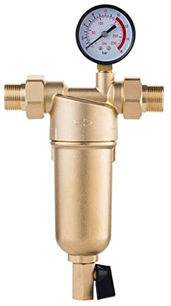 Filtre Siphon Backwash Préfiltre Filtre à eau chaude Système de purification à mailles en acier inoxydable avec jauge Eau chaude Débit d'eau rapide(Brass with gauge,0.75 inch)