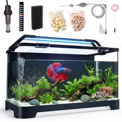 3.5 Gallon Betta Fish Tank, All in One Aquarium Starter Kits with Back Filter, Adjustable Pump, 25W Heater, Thermometer Strip, LED Light with Timer & Water Changer Kit, Nano Fish Tank, AIO Aquarium