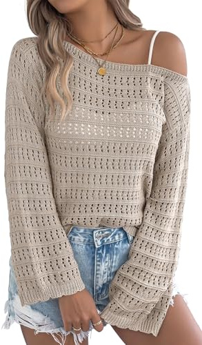 Adigau Pull Tricoté pour Femme Haut Chic et Élégant à Manches Cloche Pull À Épaules Dénudées Top Décontracté à Manches Longues pour Printemps Été Automne