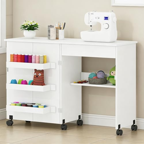 Nähtisch Klappbar & 2-in-1 Nähmaschinentisch – Mobiler Nähmaschinenschrank mit Rollen, 4 Ablagefächern & Schublade – Multifunktionaler Basteltisch & Schreibtisch für Wohnzimmer & Arbeitszimmer
