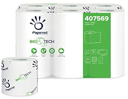 Papernet Bio Tech 407569 - Papel higiénico (2 capas, 12 rollos envueltos individualmente, cada uno con 165 hojas, 11 x 9,5 cm, longitud del rollo 18,1 m, diámetro 10 cm, blanco, estándar