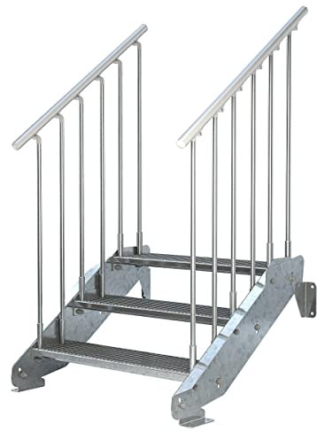 Außentreppe 3 Stufen 90 cm Laufbreite - beidseitiges Geländer - Anstellhöhe 42 cm bis 64 cm - Gitterroststufe ST3 - feuerverzinkte Stahltreppe mit 900 mm Stufenlänge als montagefertiger Bausatz