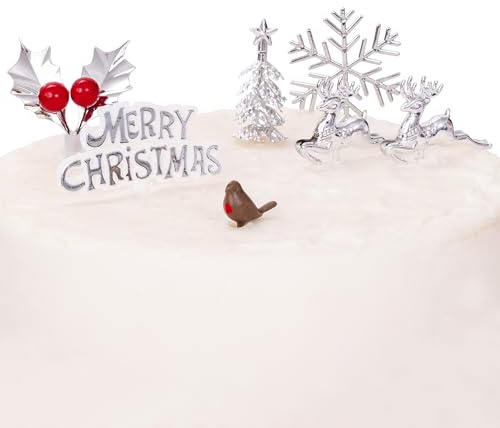 Evelay Cake Toppers Merry Christmas Cake Decoration 7pc silver gold Pieces Cupcake Toppers ylog Multi Purpose Decoration (7pc Silver)