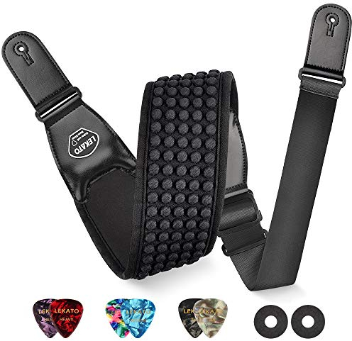 LEKATO 3D Filling Sponge Gitarrengurt für Bass & E-Gitarre mit 3,5 breitem Neopren Pad und verstellbarer Länge von 45 bis 55 mit 6 Gitarrenplektren