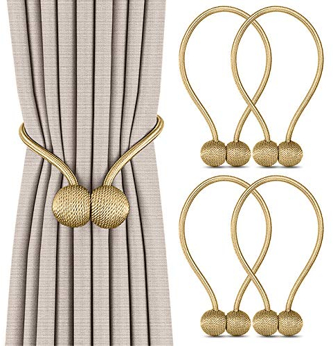 4 Piezas Abrazaderas Cortinas, VEGCOO Correas de Imán para Cortina, Hebillas Cuerda con Detalle de Bola de Gancho para la Decoración de Cortinas (Dorado)