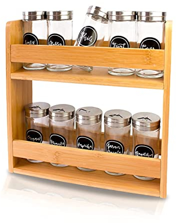luXva® Portaspezie in bambù da parete o in piedi, portaspezie da cucina con 2 grandi ripiani, 28 x 28 x 8 cm, organizer da cucina per conservare barattoli di spezie ed erbe aromatiche