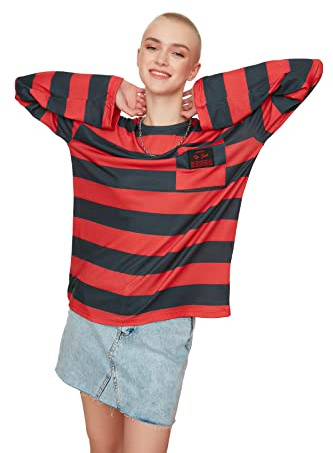 Trendyol Kvinnors röd ficka patch detailed randig stickad blus, S