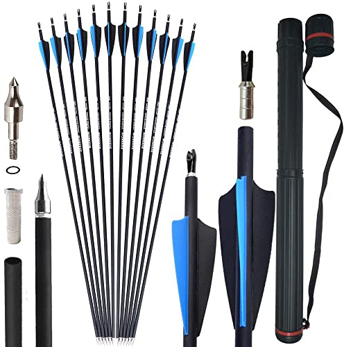 SHARROW 32 Zoll Carbonpfeile für Bogenschießen Spine 500 Carbon Pfeile Carbon Jagdpfeile mit 3 Zoll Gummifedern Pfeile für Bogen Pfeil Recurvebogen Compoundbogen Jagdbogen (6 pcs, Blau+Köcher)