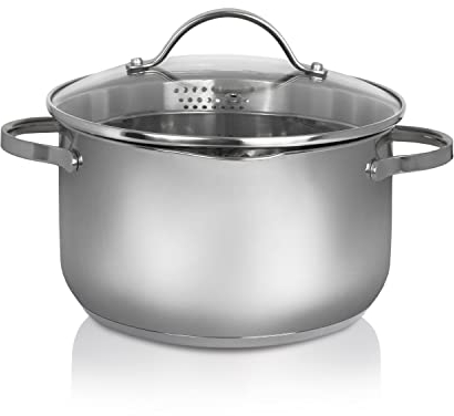 Krüger Edelstahl-Fleischtopf mit Ausguss - Kochtopf mit Ausgießhilfen - mit Induktion - hitzebeständiger Glasdeckel zum Sichtkochen - für schonendes Garen, Dünsten & Braten (16 cm)