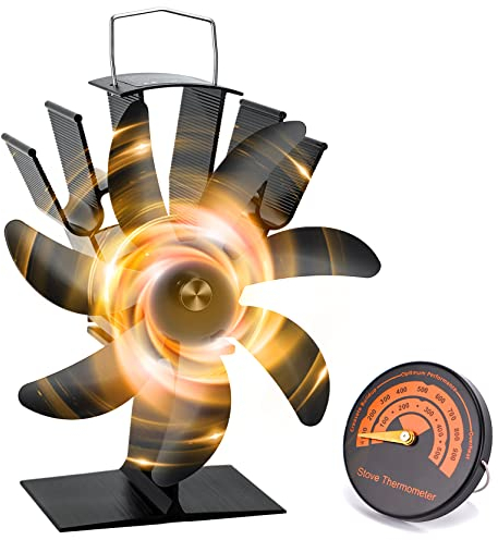 SOPPY Ventola per Stufa a Legna Con 7 Pale, Termometro e Alimentazione a Calore - Ecologica e Silenziosa per Camino