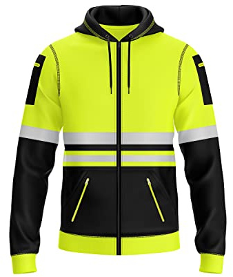 trending babz Mens Hi Vis Pullover Hoodie Reflective Tape Safety Work Drawstring Multi Zipped Pockets High Viz High Visibility Hoodie Sweatshirt (UK, Alpha, XL, Regular, Regular, Yellow Black 15)