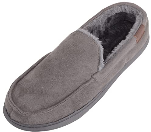 ABSOLUTE FOOTWEAR Mens Easy Slip on Wide Fitting Moccasin Style Faux Fur Slippers - Grey - UK 10 / EU 44