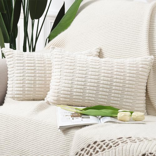 Madizz 2er Set Boho Gestreifte Kissenbezüge Weicher Kordsamt Dekorativer Kissenbezug für Sofa Schlafzimmer Kissenhülle Beige 40 x 80 cm