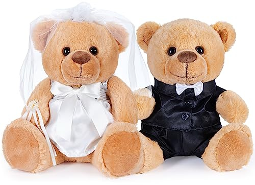 BRUBAKER Teddybjörn Bröllopspar - Brud och Brudgumm Teddyset - Gåva till Bröllop och Förlovning - Bröllopsgåva för Brudepar - Kramdjur med Kostym och Brudklänning - 25 cm