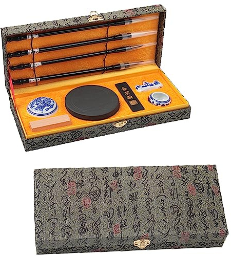 10 Pezzi Set di Pennelli per Calligrafia Cinese, Eccellente Pennello per Calligrafia Cinese Kanji Sumi, Cinese Brush Quattro Tesori Dello, Elegante Scatola Regalo（Grigio）