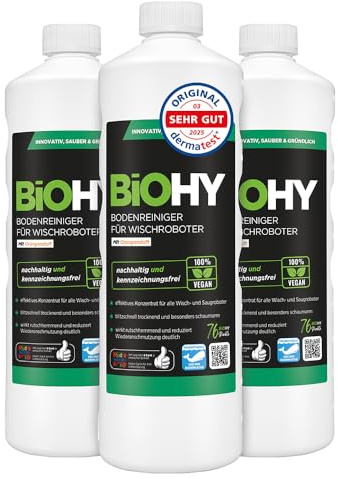 BiOHY Nettoyant pour sols pour robots de nettoyage avec parfum d'orange (3 x 1l Bouteille) | Concentré de nettoyant pour tous les robots de nettoyage | Sans mousse (Wischroboter Orange)