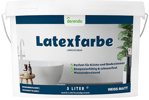derendo Latexfarbe weiß matt abwaschbar 5L für Innen Küche Badezimmer streichen weiße Wandfarbe hohe Deckkraft