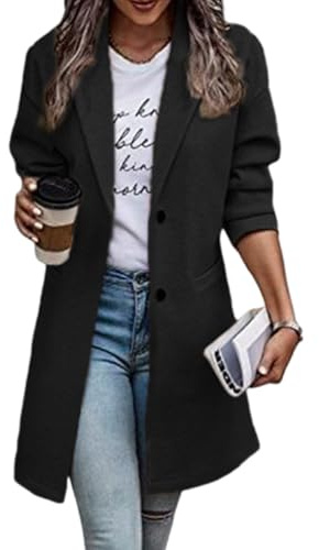 Onsoyours Blazer Femme Élégant à Manches Longues Slim Fit avec Bouton OL Bureau Affaires Veste Chic De Costume Devant Ouvert Long Manteau Cardigan Trench Coat A Noir XL