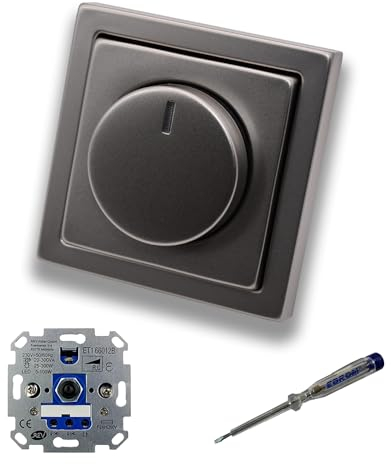 REV Ritter LED Drehdimmer LED-Dimmer mit Busch Jäger Dimmerscheibe Zentralplatte 6540-866-102 Einfachrahmen in PUR Edelstahl inklusive EBROM Phasenprüfer z. Montage des Dimmers ET1 66012B