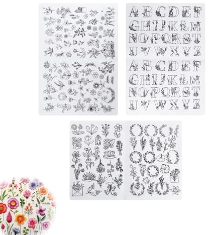 DEANKEJI 175 Stück Stickvorlagen, 3 Blatt Stickvorlagen Wasserlöslich, Selbstklebende Stickvorlage, Geeignet für Stickdekorationen auf Handtüchern, Kleidung, Hüten und Tischdecken