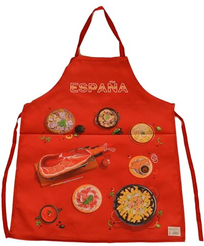 Z&H PAELLA Tablier rouge style espagnol Pealla, jambon serrano, curros, accessoires de cuisine., rouge, Taille Unique