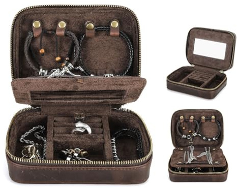 CONTACTS Full Grain Leather Jewelry Box for Men Travel Jewelry Organizer by Handmade Zipper Jewelry Cufflinks Ring Necklace Bracelet Storage Case with Mirror, Rectangular+mirror, Coffee
