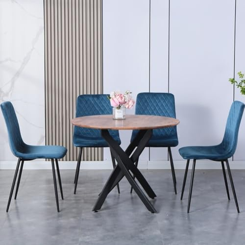 GOLDFAN Essgruppe Esstisch Rund mit 4 Stühlen 80cm Tisch Holz Esszimmerstuhl aus Samt für Küche Esszimmer Wohnzimmer, Blau