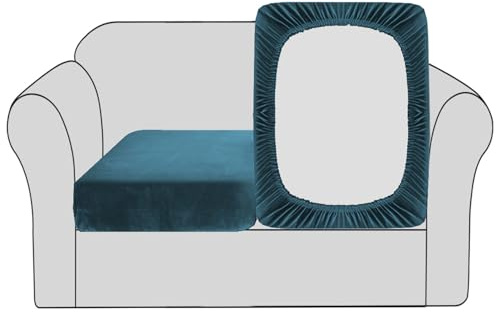 BellaHills Velvet Stretch Sofa Seat Cushion Covers - Modular Cushion Covers Furniture Protector - Elastic Bottom (2 Pieces, Deep Teal)