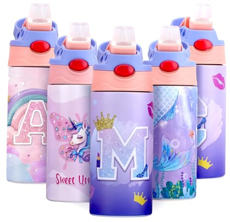 JYPS Kinder Trinkflasche Edelstahl, 360ML Thermo Trinkflasche Mädchen mit Strohhalm, Einhorn Meerjungfrau, BPA-frei, Thermo Wasserflasche für Schule, Kindergarten