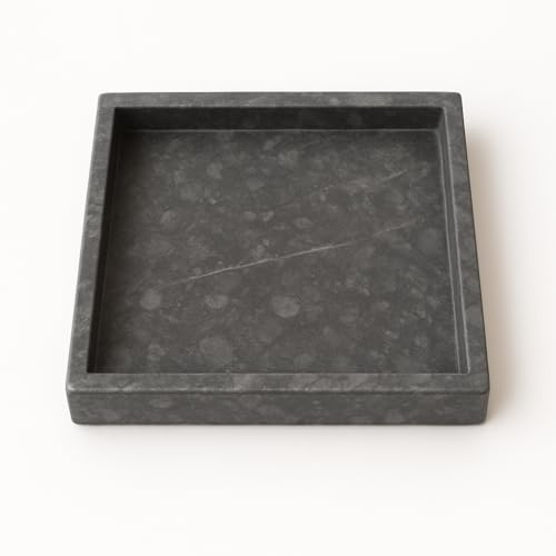 Kalu creations Plateau de service en marbre naturel noir, Plateau décoratif carré, Plateau de rangement pour salle de bain, cuisine, maison - Marbre noir, 25 cm