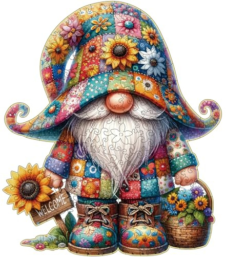Hlison Wooden Jigsaw Puzzles, Gnome Wooden Puzzles for Adults with Unique Shape, Medium 10.3x11.8 Wooden Puzzles with Exquisite Wooden Box Packaging