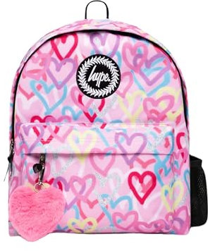 hype Girls Backpack, Pink with Graffiti Style Hearts, School Bag for Kids, Comfortable Rucksack with Bottle Holder, 3 Storage Compartments, Padded, Adjustable Straps & Grab Handle